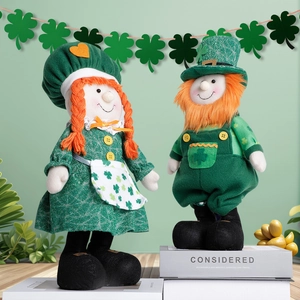Detailed plush texture of St. Patrick's Day boy and girl leprechauns in green outfits