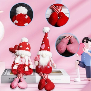 Close-up of Valentine gnome plush doll showing knit texture and striped long legs
