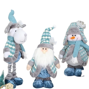 Three telescopic Christmas plush figures in blue and white including reindeer and snowman