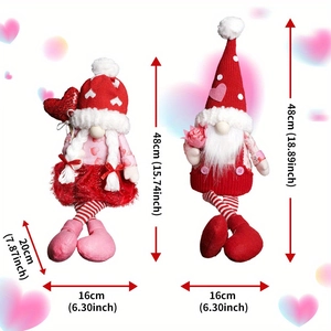 Pair of Valentine's Day plush gnomes with hearts and sequins, product dimensions shown