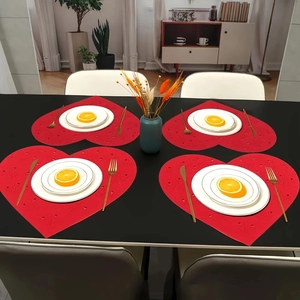 Valentine's Day Red Heart Shaped Felt Placemats Hollow Out Branch Pattern Festive Table Decor Romantic Dining Mat For Couples Party