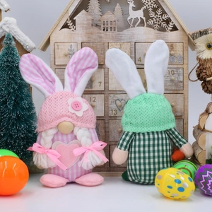 Easter bunny plush gnomes with pink stripes and green plaid outfits for holiday decor