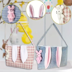Easter Bunny Tote Bags Houndstooth Pattern Plush Ears Gift Basket Candy Storage Bag For Holiday Party Decoration Gifts