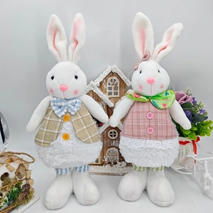 Easter Rabbit Plush Doll Ornament Plaid Fabric Bunny Figurine For Home Decoration Festival Party Kids Gift