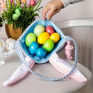 Blue gingham Easter bunny basket bag with long rabbit ears and colorful eggs inside