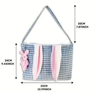 Blue houndstooth Easter bunny tote bag with cute plush rabbit charm and long pink ears