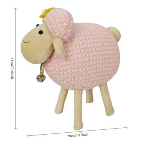 Pouf a forma di pecora rosa fatto a mano con gambe in legno e fiore, 18x20cm
