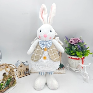 Easter rabbit plush figurine with yellow vest and blue bow tie for home decoration