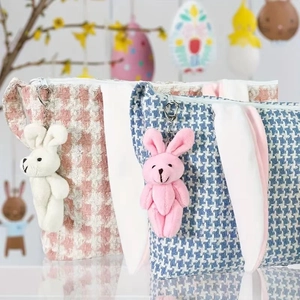 Easter bunny tote bags in pink and blue houndstooth fabric with cute plush rabbit charms