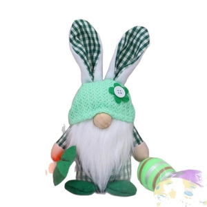 Easter bunny gnome plush with green plaid ears and matching striped egg decoration