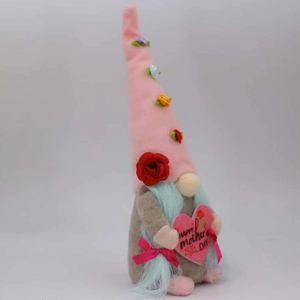 Close-up of Mother's Day gnome holding a pink heart with Happy Mother's Day text