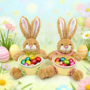 Detail of plush Easter bunnies with colorful egg baskets in a soft spring garden setting