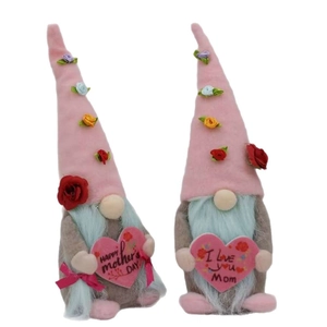 Handmade Mother's Day faceless gnomes with floral hats holding pink plush hearts
