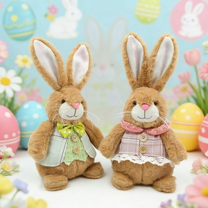 Couple de lapins de Pâques en peluche avec gilet vert et robe rose, décor festif