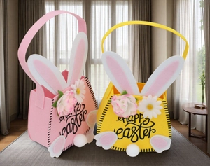 Detail of Easter bunny bags with faux peonies, daisies, and Happy Easter print