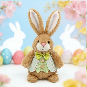 Lapin de Pâques en peluche marron avec gilet à carreaux vert pour décoration