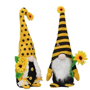 Pair of festive sunflower bee gnomes with yellow hats and braids for harvest decor