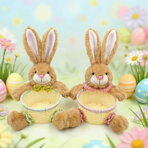 Pair of plush Easter bunny storage baskets with colorful bow ties and woven holders