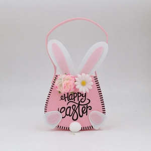 Pink felt Easter bunny basket with floral decor and Happy Easter text on white background