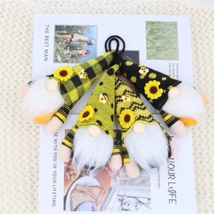 Set of 4 bee and sunflower gnome plush ornaments with knitted hats and hanging ropes