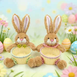 Detail of plush Easter bunny baskets with colorful eggs and spring floral decorations