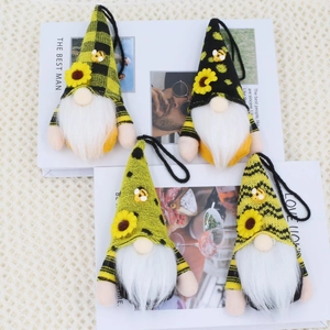 Set of 4 bee festival gnome pendants with sunflowers and knitted hats for home decor
