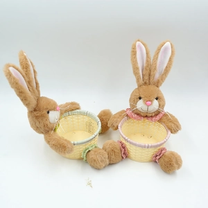 Pair of Easter plush rabbit baskets in brown soft fabric with colorful plaid basket trim