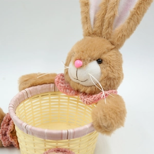 Top view of plush bunny Easter basket showing soft texture and woven storage detail