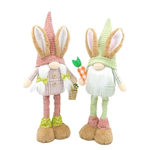 Set di due gnomi coniglietti di Pasqua con gambe lunghe, decorazioni in peluche rosa e verdi