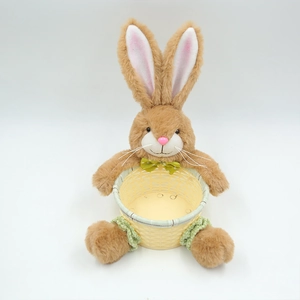 Detailed close-up of plush Easter bunny holding a yellow woven egg basket for gifts