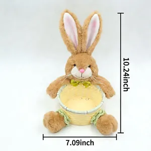 Easter bunny plush toy holding a woven storage basket for eggs, 26cm tall