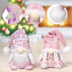 Luminous Pink Christmas Gnome Plush Ornament Sequin Knitted Faceless Doll Decoration For Holiday Home Table Party Decor