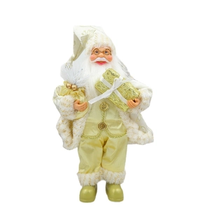 Père Noël debout en blanc crème et or avec coffret cadeau festif et petit sac de luxe