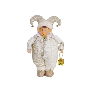 Standing Christmas elf doll with antler hat and gold gift box on white background