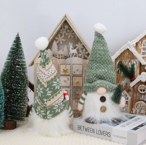 Christmas Forest Gnomes Set with green snowflake knitted hats and plush faux fur beards