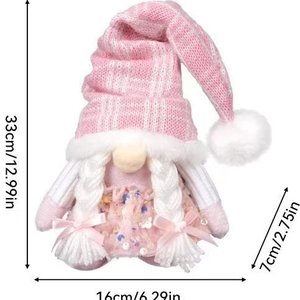 Detailed dimensions of a pink Christmas gnome with sequins and knitted hat features