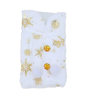 White plush Christmas wine bottle cover with gold snowflake patterns and decorative buttons