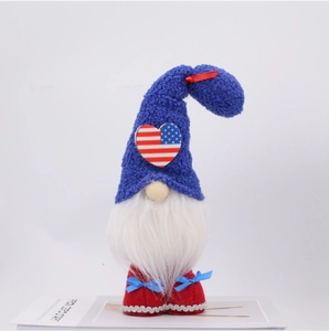 Patriotic 4th of July Independence Day gnome with plush blue hat and star heart pattern