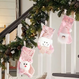 Rosa Pailletten-Weihnachtsstrümpfe 3er-Set mit Rentier, Schneemann und Weihnachtsmann-Motiv