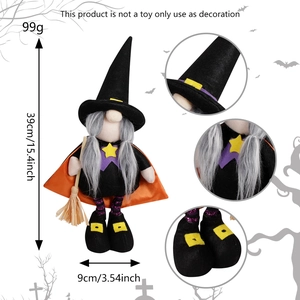 Stehender Halloween-Gnom mit Hexenhut und Besen, 39 cm groß für festliche Dekoration