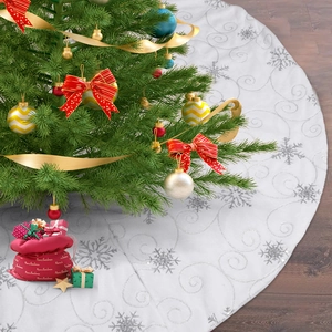 White Christmas Tree Skirt Silver Snowflake Decor Large Round Xmas Tree Base Cover Festive Plush Holiday Party Home Ornament
