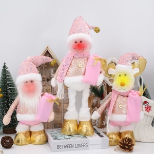 Weihnachtspuppen-Set in Rosa und Gold mit Weihnachtsmann, Schneemann und Rentierfiguren