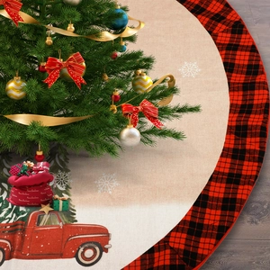 Christmas Tree Skirt Round Buffalo Plaid Red Truck Snowflake Print Fabric Xmas Tree Mat For Holiday Home Party Decoration