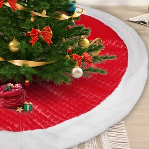 Large Round Quilted Fabric Christmas Tree Skirt With White Faux Fur Trim For Holiday Party Home Floor Decoration Base