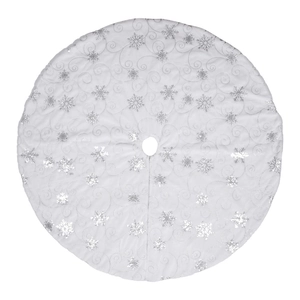 White plush Christmas tree skirt with silver snowflake sequins and quilted patterns