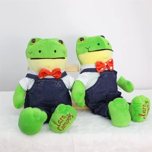 Detail of green frog plushies in denim overalls on a white rug with embroidery