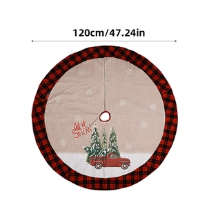 Classic 120cm Christmas tree skirt with red buffalo plaid border and vintage truck design