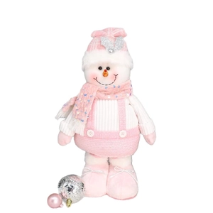 Pink sequin snowman Christmas doll with telescopic legs and knit hat decoration