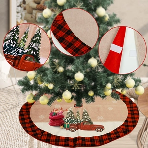 Classic red truck Christmas tree skirt with buffalo plaid edges and velcro closure