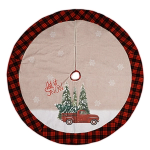 Classic round Christmas tree skirt with red plaid border and Let it snow truck design